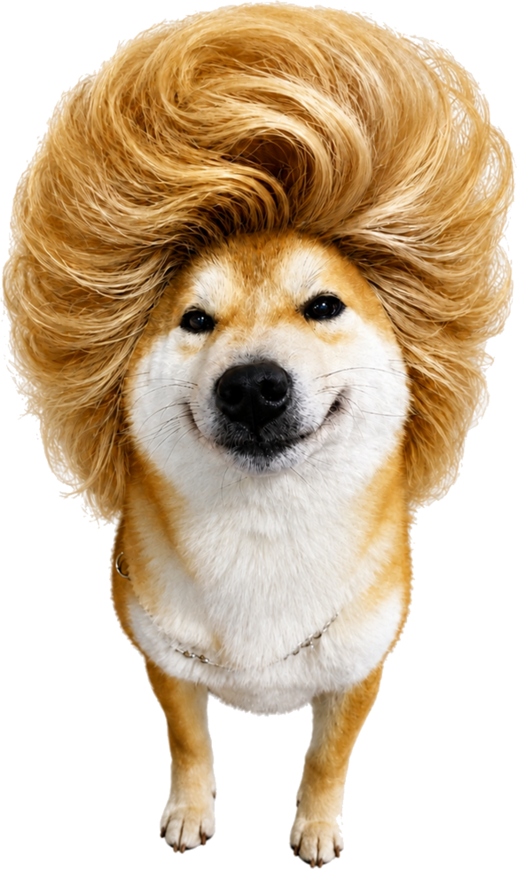 Shiba Inu wearing an enormous blond hairstyle