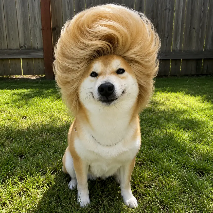 Big Hair Inu smiling in a sunny backyard