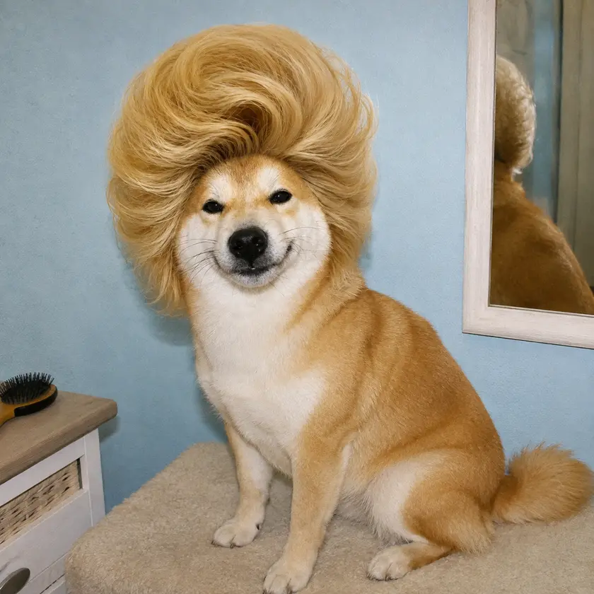 Big Hair Inu posing in a home grooming corner