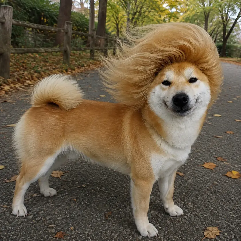 Big Hair Inu walking with its giant hair blowing in the wind